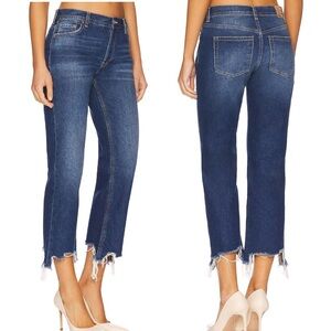 We The Free Maggie Mid-Rise Straight-Leg Raw Hem Jeans in Dark Wash